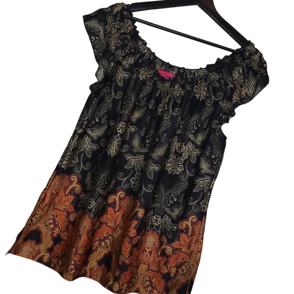 Sunny Leigh Women's Floral Ruffled Short Sleeve Blouse Top Sz L Chiffon Floral